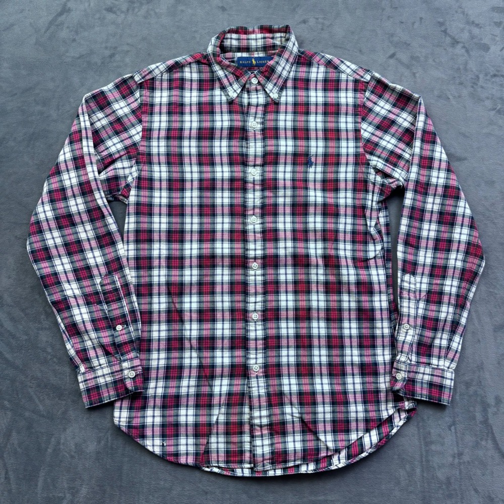 Ralph Lauren Mens S Custom Fit Plaid Flannel Button Down Shirt Red White Blue